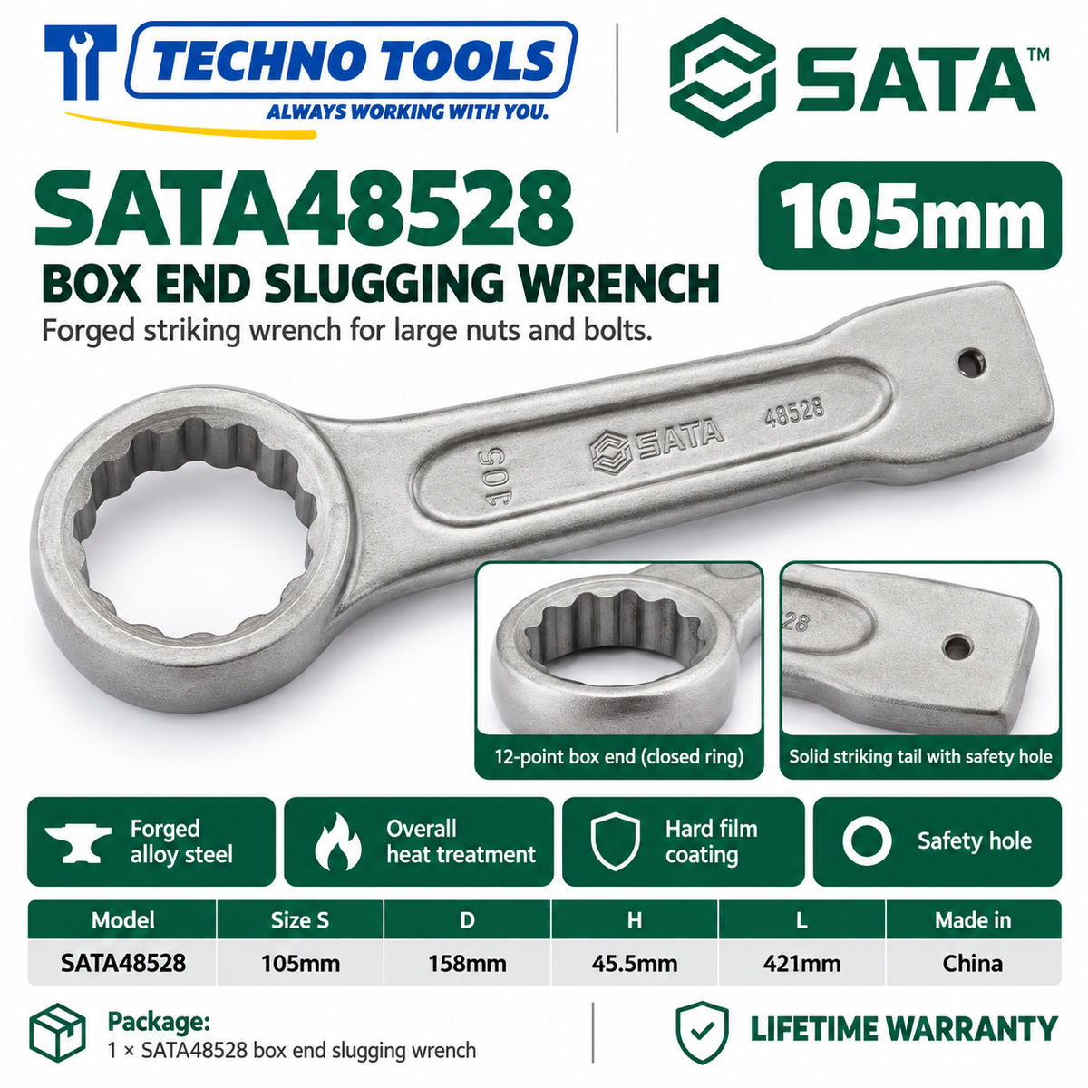 Shop SATA 48505-48531 box end slugging wrenches, 27 to 120mm. Forged alloy steel, heat treated, with safety hole. Lifetime warranty.