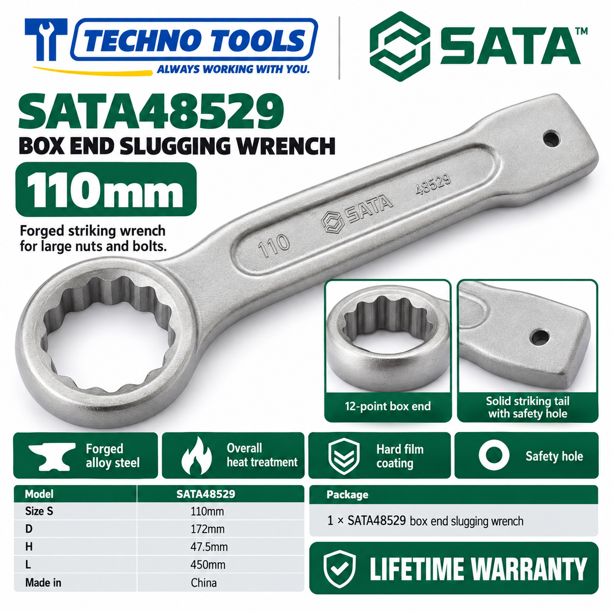 Shop SATA 48505-48531 box end slugging wrenches, 27 to 120mm. Forged alloy steel, heat treated, with safety hole. Lifetime warranty.