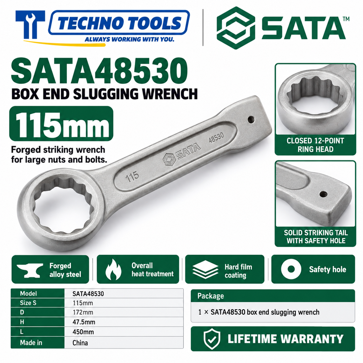Shop SATA 48505-48531 box end slugging wrenches, 27 to 120mm. Forged alloy steel, heat treated, with safety hole. Lifetime warranty.