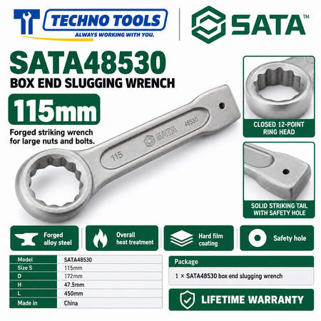 Shop SATA 48505-48531 box end slugging wrenches, 27 to 120mm. Forged alloy steel, heat treated, with safety hole. Lifetime warranty.