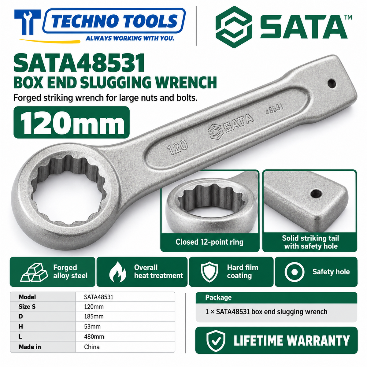 Shop SATA 48505-48531 box end slugging wrenches, 27 to 120mm. Forged alloy steel, heat treated, with safety hole. Lifetime warranty.