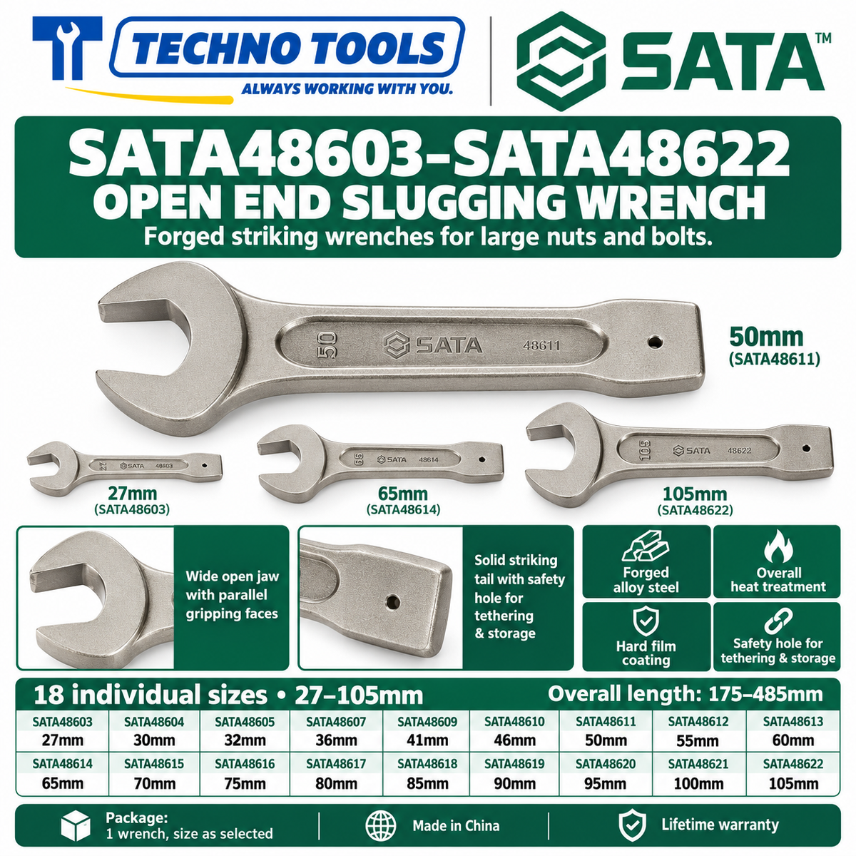 Shop SATA 48603-48622 open end slugging wrenches, 27 to 105mm. Forged alloy steel, heat treated, with safety hole. Lifetime warranty.