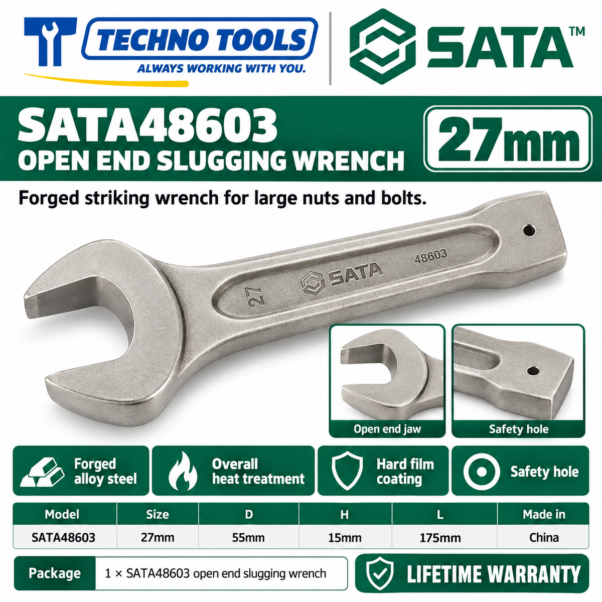 Shop SATA 48603-48622 open end slugging wrenches, 27 to 105mm. Forged alloy steel, heat treated, with safety hole. Lifetime warranty.
