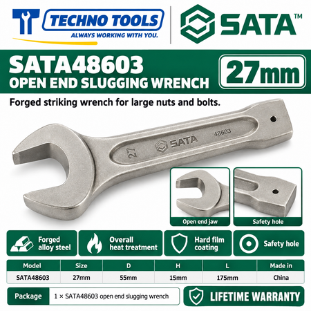 Shop SATA 48603-48622 open end slugging wrenches, 27 to 105mm. Forged alloy steel, heat treated, with safety hole. Lifetime warranty.