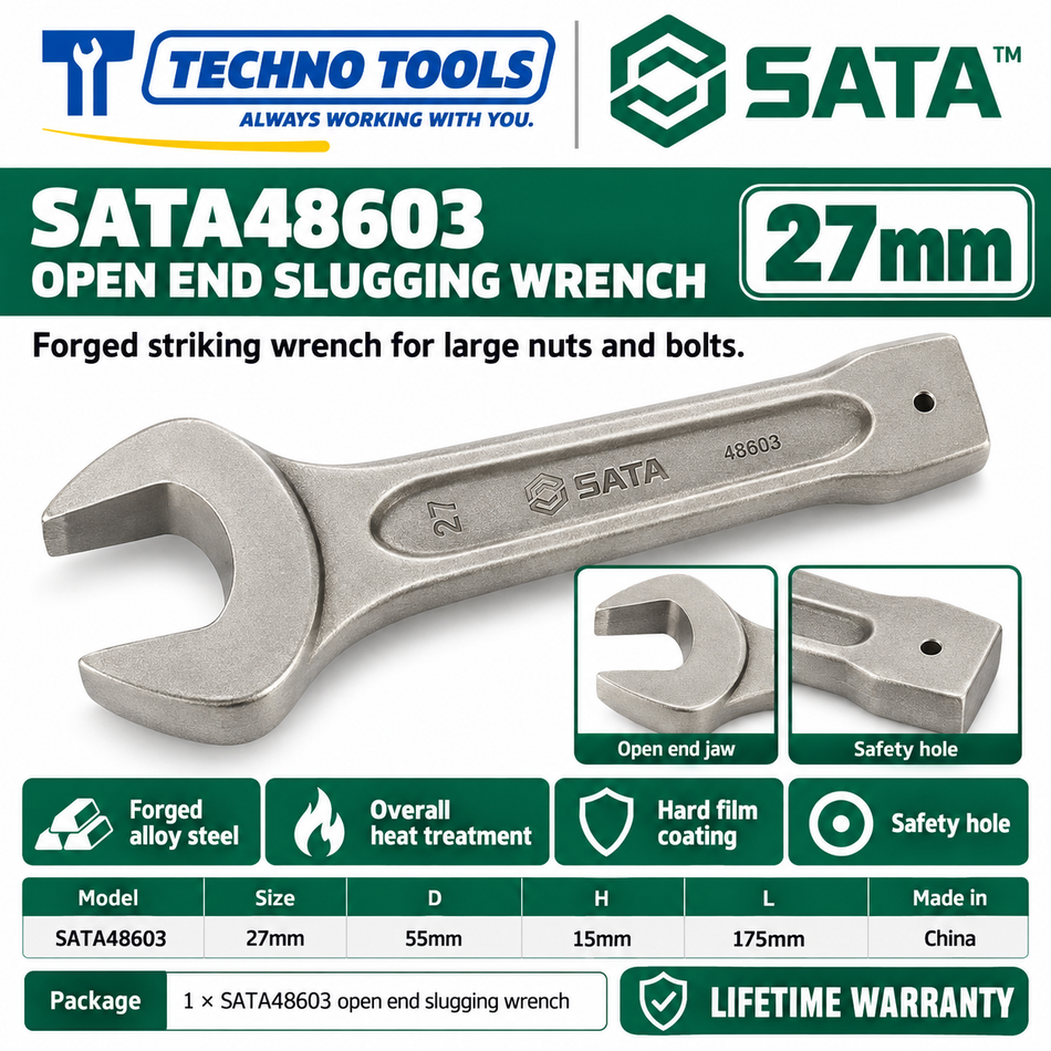 Shop SATA 48603-48622 open end slugging wrenches, 27 to 105mm. Forged alloy steel, heat treated, with safety hole. Lifetime warranty.