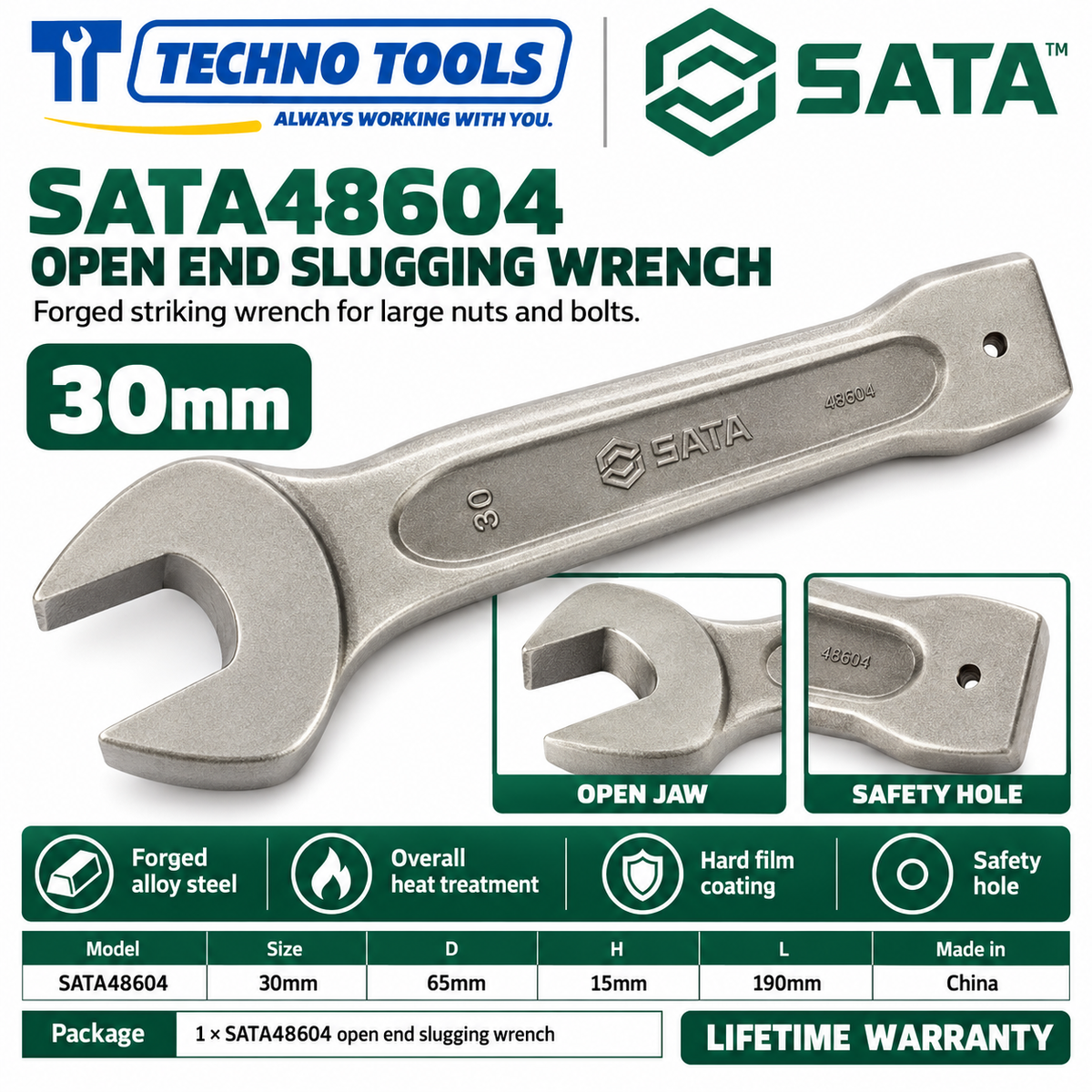 Shop SATA 48603-48622 open end slugging wrenches, 27 to 105mm. Forged alloy steel, heat treated, with safety hole. Lifetime warranty.