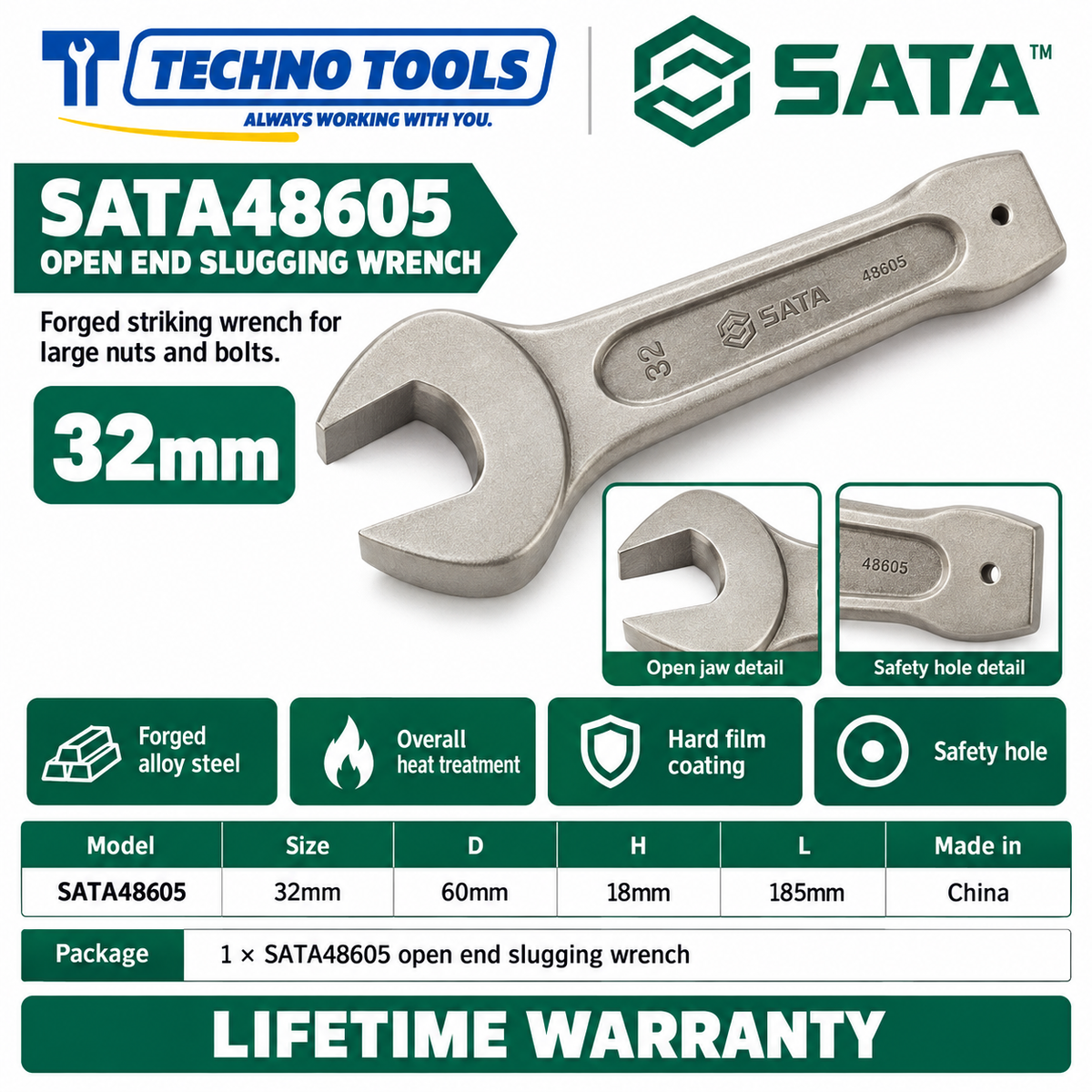 Shop SATA 48603-48622 open end slugging wrenches, 27 to 105mm. Forged alloy steel, heat treated, with safety hole. Lifetime warranty.
