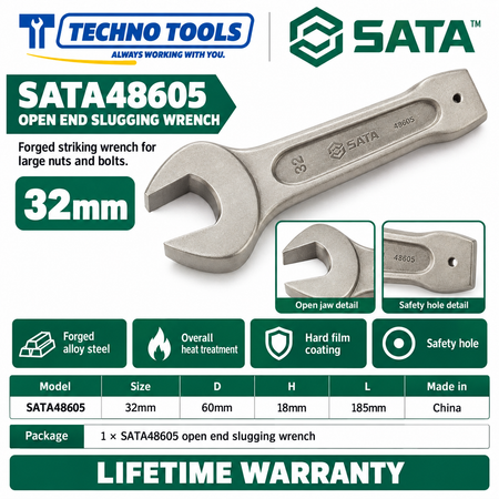 Shop SATA 48603-48622 open end slugging wrenches, 27 to 105mm. Forged alloy steel, heat treated, with safety hole. Lifetime warranty.