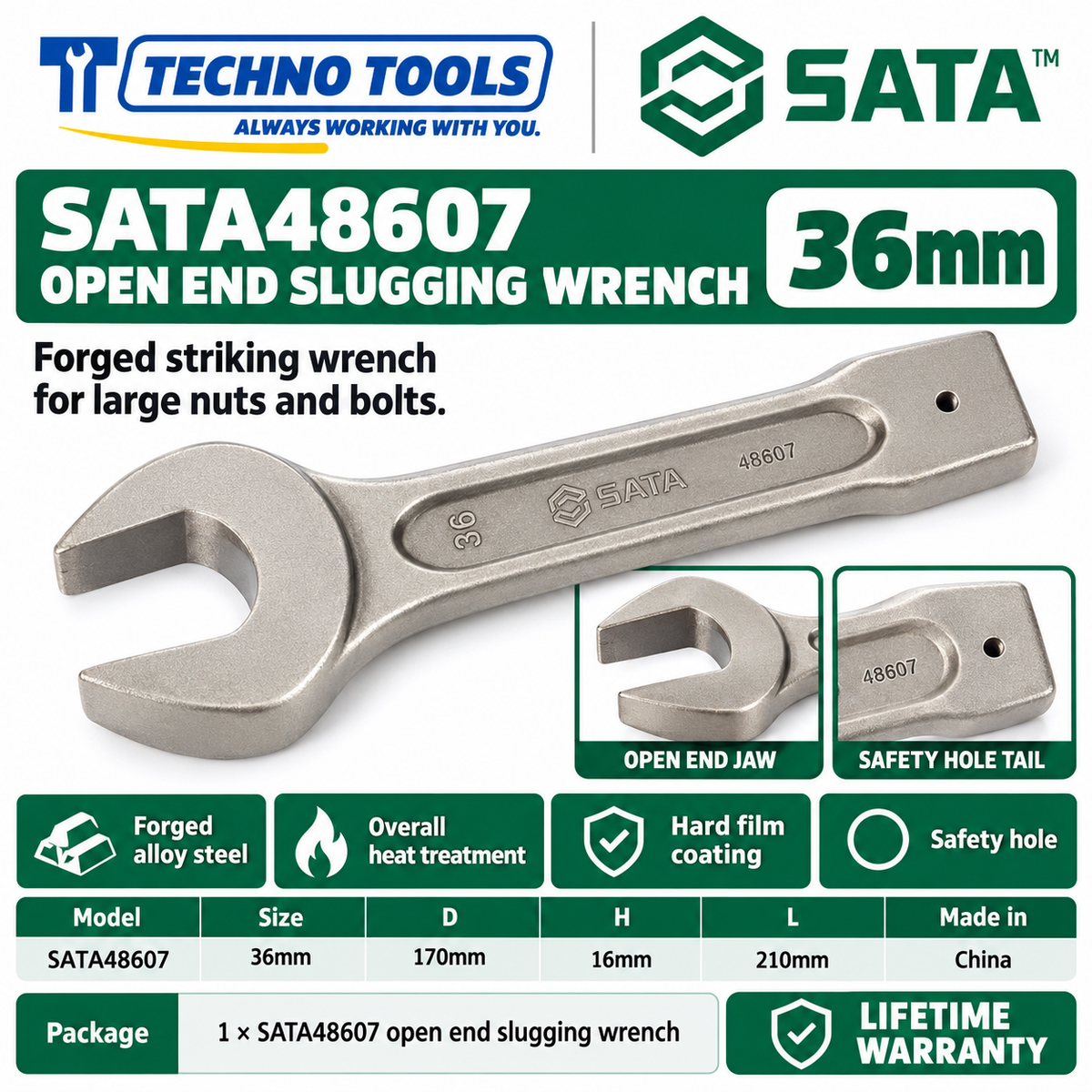 Shop SATA 48603-48622 open end slugging wrenches, 27 to 105mm. Forged alloy steel, heat treated, with safety hole. Lifetime warranty.