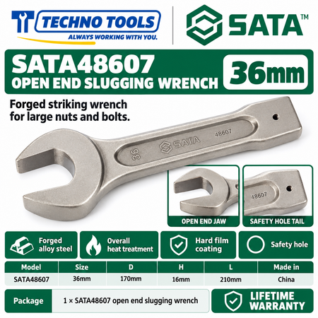Shop SATA 48603-48622 open end slugging wrenches, 27 to 105mm. Forged alloy steel, heat treated, with safety hole. Lifetime warranty.