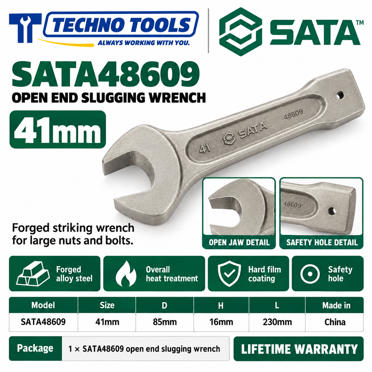 Shop SATA 48603-48622 open end slugging wrenches, 27 to 105mm. Forged alloy steel, heat treated, with safety hole. Lifetime warranty.
