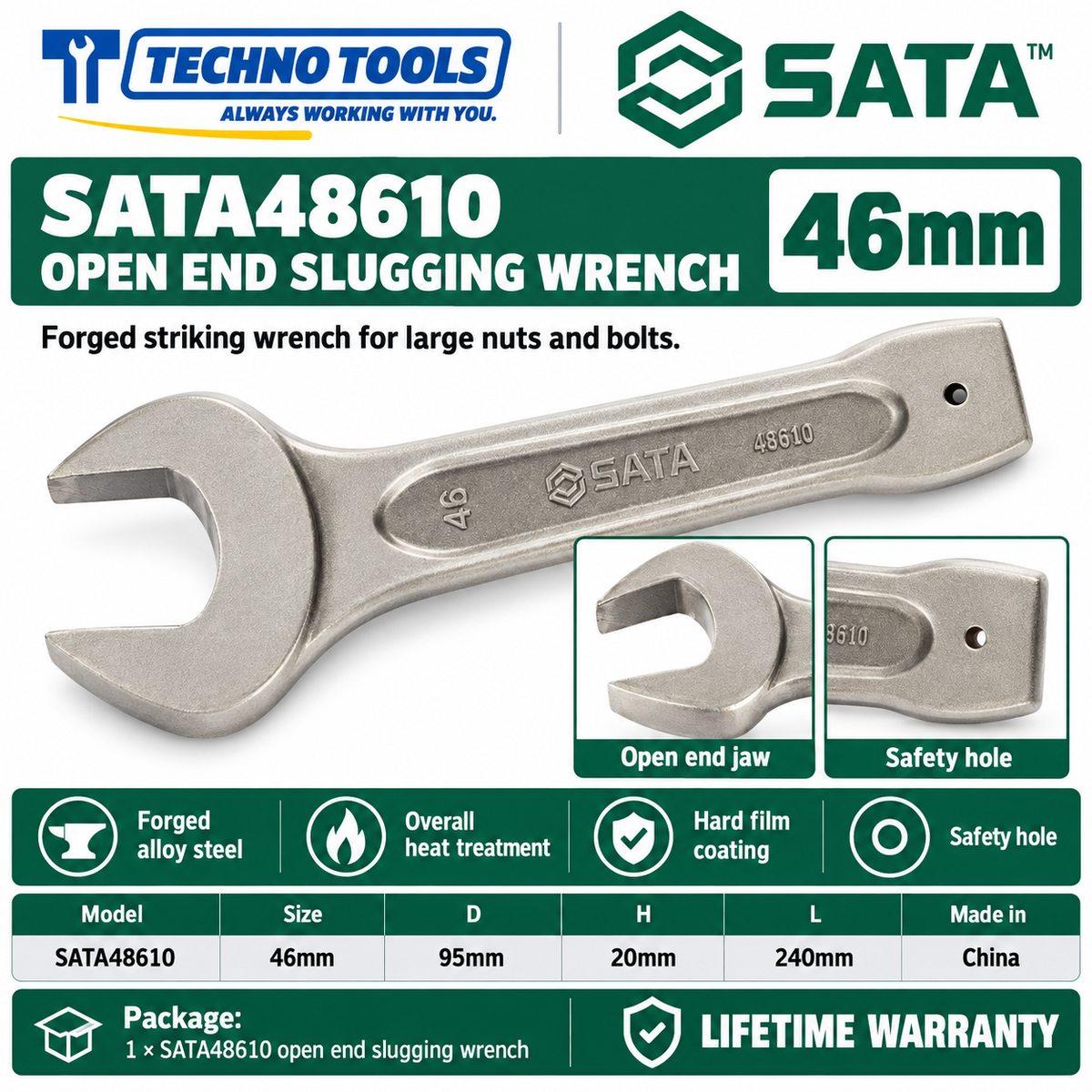 Shop SATA 48603-48622 open end slugging wrenches, 27 to 105mm. Forged alloy steel, heat treated, with safety hole. Lifetime warranty.