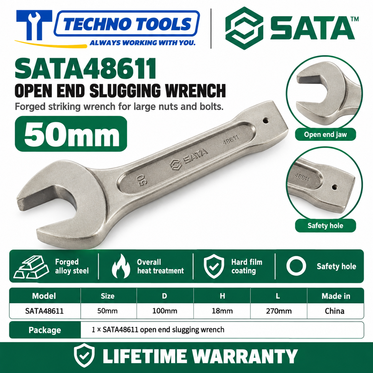 Shop SATA 48603-48622 open end slugging wrenches, 27 to 105mm. Forged alloy steel, heat treated, with safety hole. Lifetime warranty.