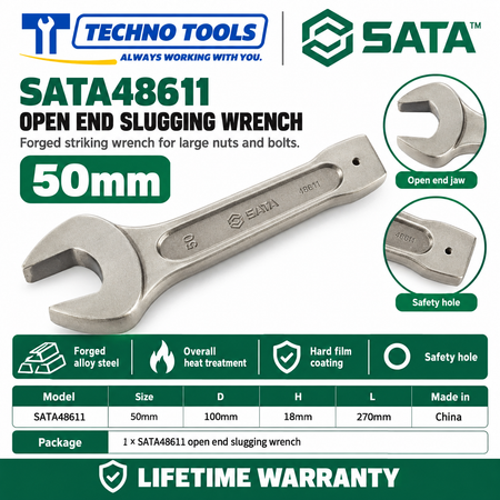 Shop SATA 48603-48622 open end slugging wrenches, 27 to 105mm. Forged alloy steel, heat treated, with safety hole. Lifetime warranty.