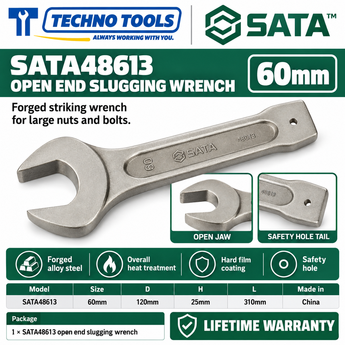 Shop SATA 48603-48622 open end slugging wrenches, 27 to 105mm. Forged alloy steel, heat treated, with safety hole. Lifetime warranty.