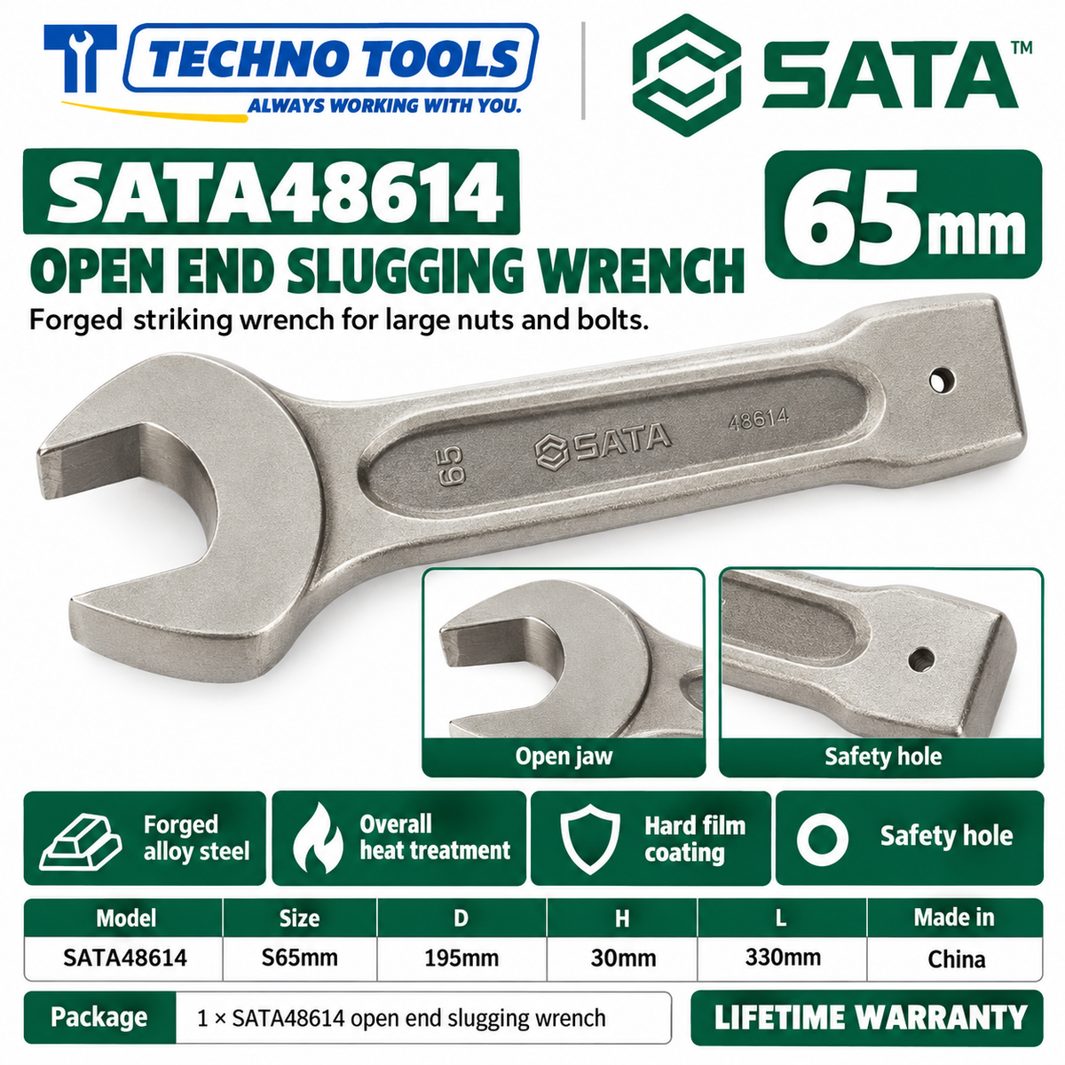 Shop SATA 48603-48622 open end slugging wrenches, 27 to 105mm. Forged alloy steel, heat treated, with safety hole. Lifetime warranty.