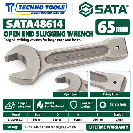 Shop SATA 48603-48622 open end slugging wrenches, 27 to 105mm. Forged alloy steel, heat treated, with safety hole. Lifetime warranty.