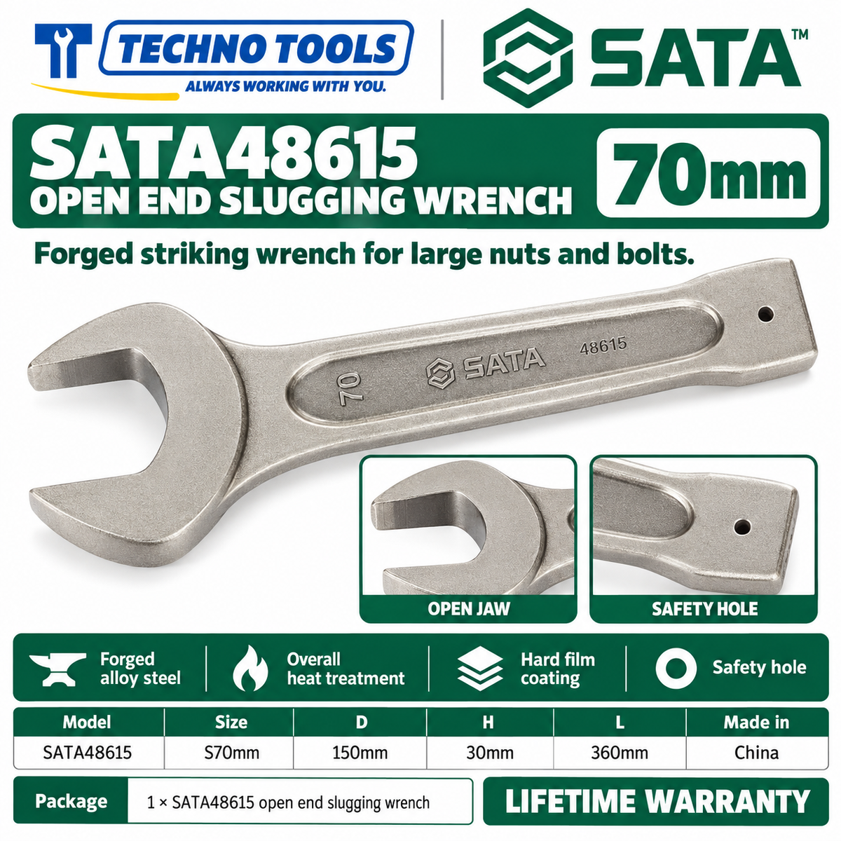 Shop SATA 48603-48622 open end slugging wrenches, 27 to 105mm. Forged alloy steel, heat treated, with safety hole. Lifetime warranty.
