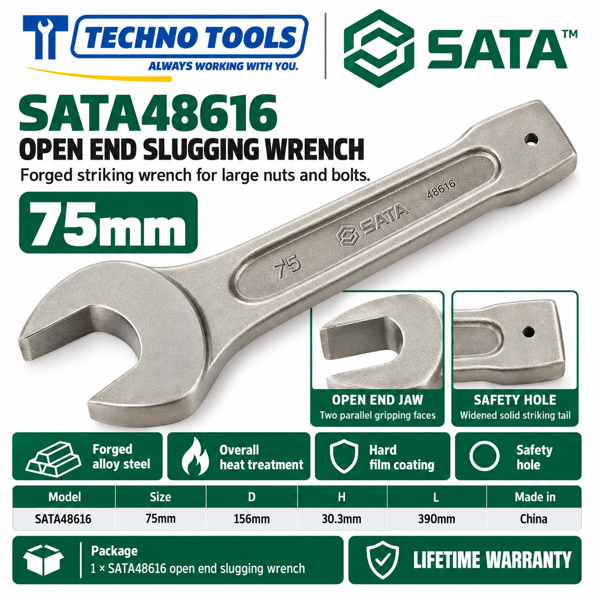 Shop SATA 48603-48622 open end slugging wrenches, 27 to 105mm. Forged alloy steel, heat treated, with safety hole. Lifetime warranty.