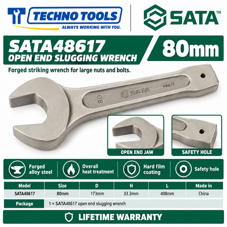 Shop SATA 48603-48622 open end slugging wrenches, 27 to 105mm. Forged alloy steel, heat treated, with safety hole. Lifetime warranty.