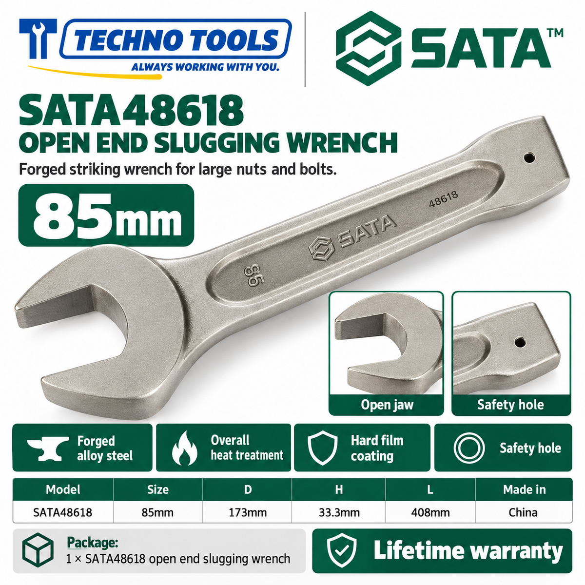 Shop SATA 48603-48622 open end slugging wrenches, 27 to 105mm. Forged alloy steel, heat treated, with safety hole. Lifetime warranty.