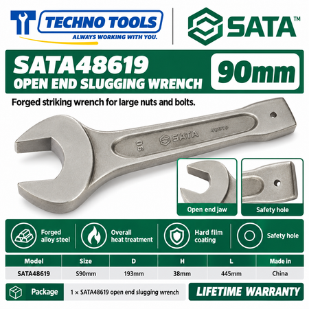 Shop SATA 48603-48622 open end slugging wrenches, 27 to 105mm. Forged alloy steel, heat treated, with safety hole. Lifetime warranty.
