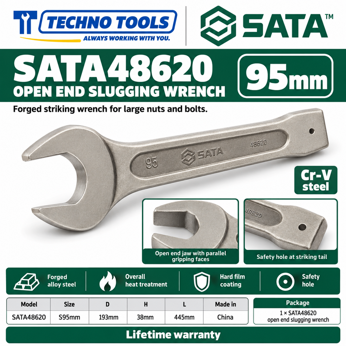 Shop SATA 48603-48622 open end slugging wrenches, 27 to 105mm. Forged alloy steel, heat treated, with safety hole. Lifetime warranty.