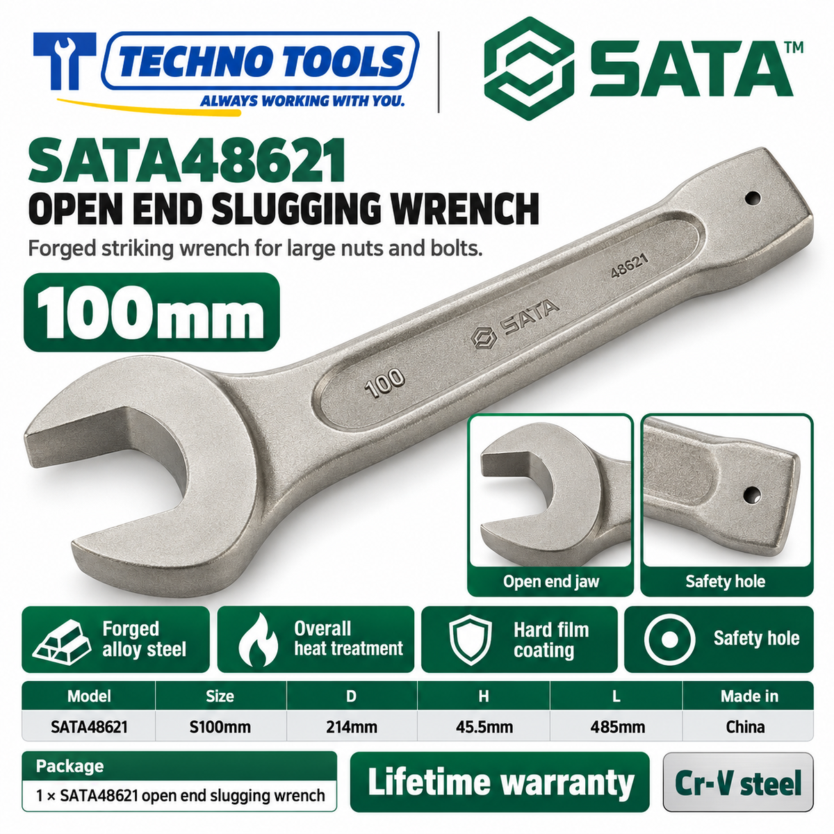 Shop SATA 48603-48622 open end slugging wrenches, 27 to 105mm. Forged alloy steel, heat treated, with safety hole. Lifetime warranty.