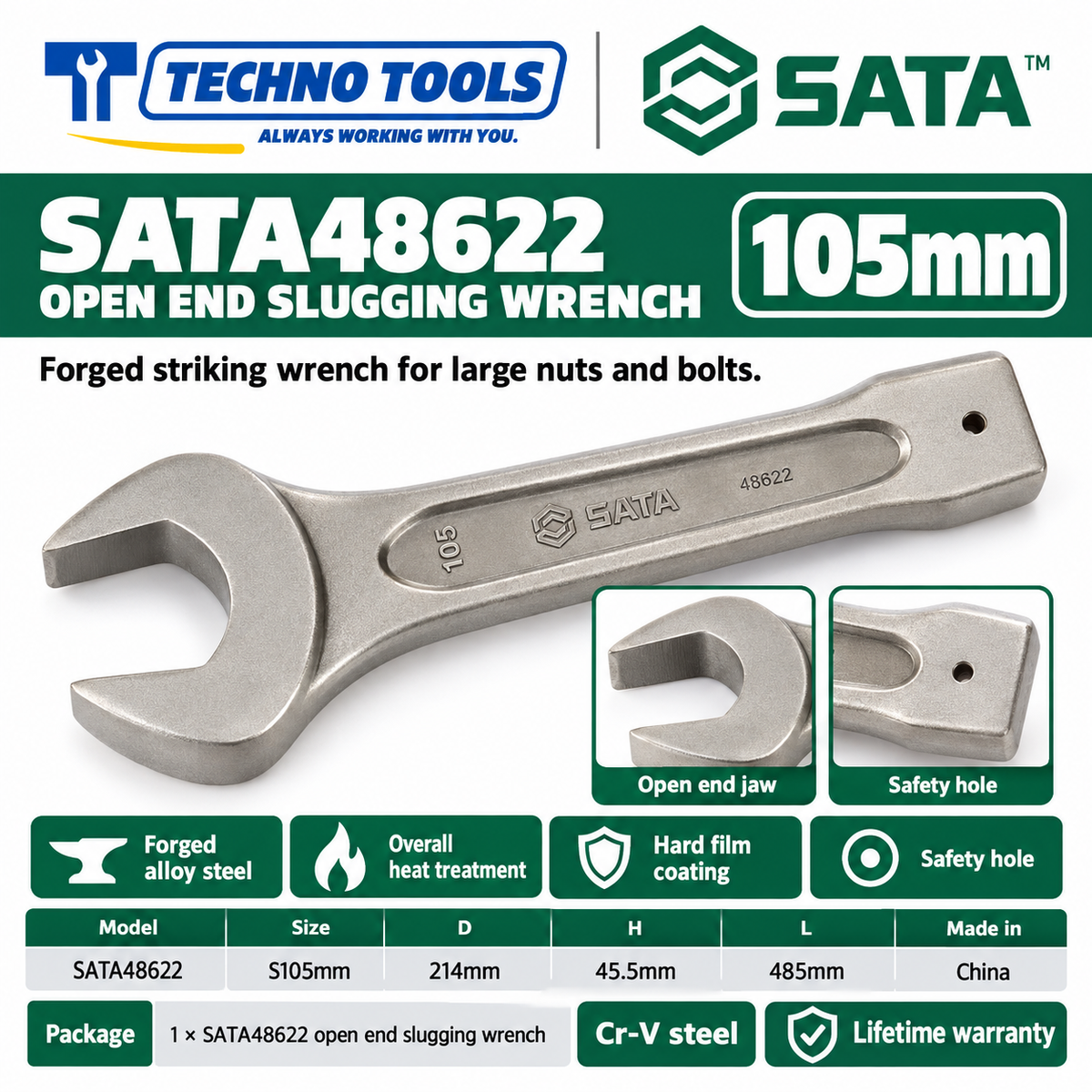 Shop SATA 48603-48622 open end slugging wrenches, 27 to 105mm. Forged alloy steel, heat treated, with safety hole. Lifetime warranty.