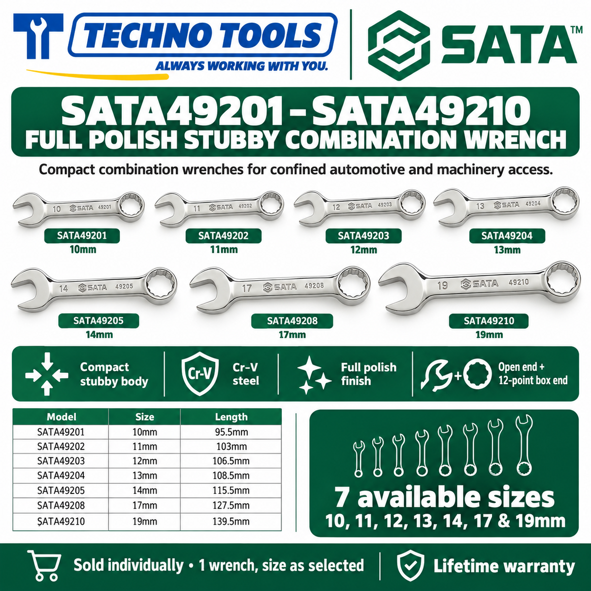 Shop SATA 49201-49210 stubby combination wrenches. Premium Cr-V steel, metric sizes 10mm to 19mm, compact profile for tight spaces, and lifetime warranty.