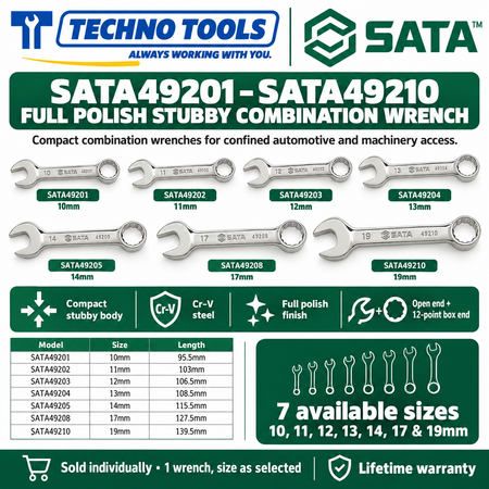 Shop SATA 49201-49210 stubby combination wrenches. Premium Cr-V steel, metric sizes 10mm to 19mm, compact profile for tight spaces, and lifetime warranty.