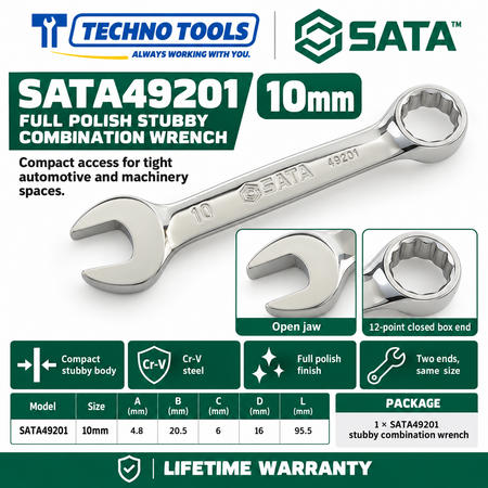 Shop SATA 49201-49210 stubby combination wrenches. Premium Cr-V steel, metric sizes 10mm to 19mm, compact profile for tight spaces, and lifetime warranty.