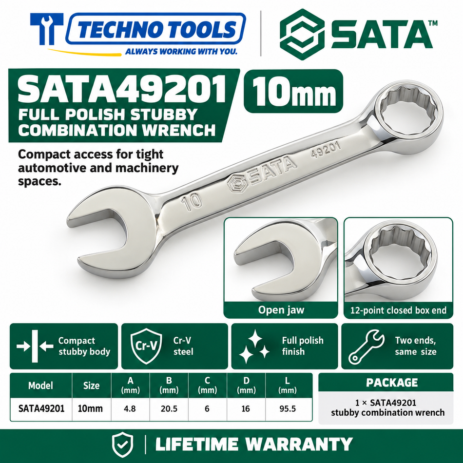 Shop SATA 49201-49210 stubby combination wrenches. Premium Cr-V steel, metric sizes 10mm to 19mm, compact profile for tight spaces, and lifetime warranty.