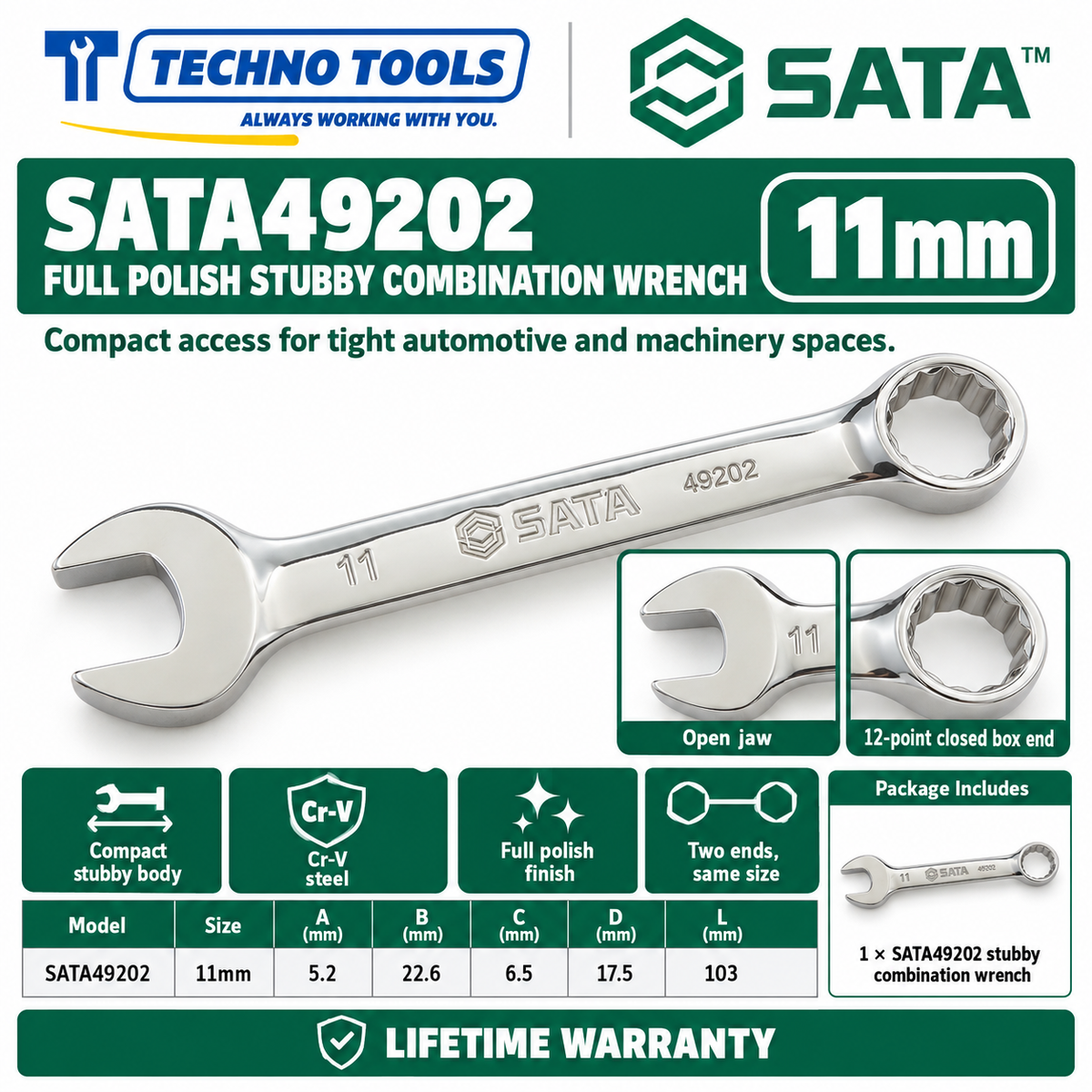 Shop SATA 49201-49210 stubby combination wrenches. Premium Cr-V steel, metric sizes 10mm to 19mm, compact profile for tight spaces, and lifetime warranty.