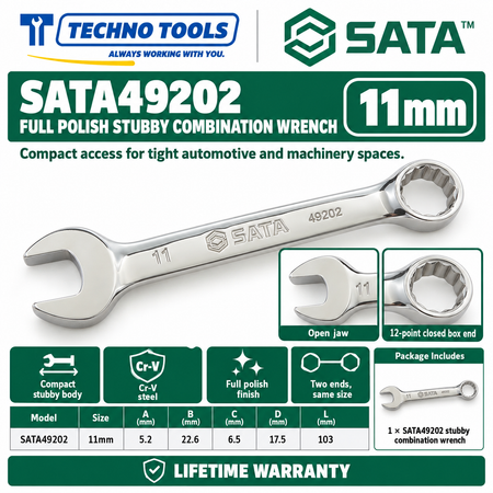 Shop SATA 49201-49210 stubby combination wrenches. Premium Cr-V steel, metric sizes 10mm to 19mm, compact profile for tight spaces, and lifetime warranty.