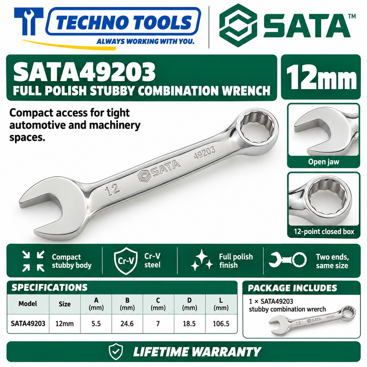 Shop SATA 49201-49210 stubby combination wrenches. Premium Cr-V steel, metric sizes 10mm to 19mm, compact profile for tight spaces, and lifetime warranty.
