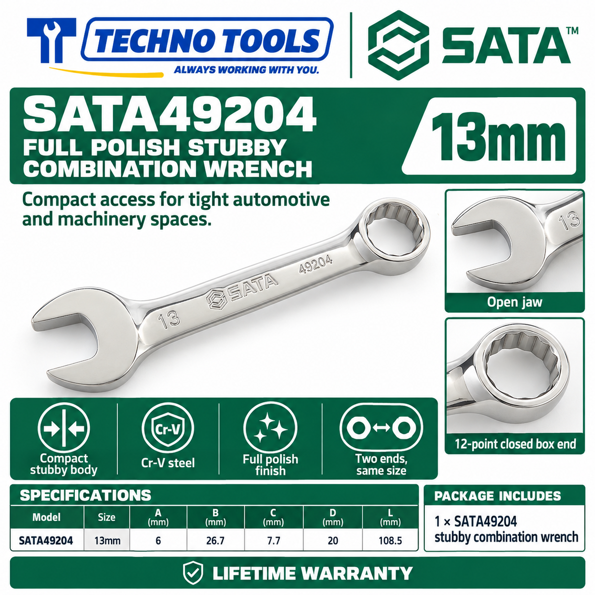 Shop SATA 49201-49210 stubby combination wrenches. Premium Cr-V steel, metric sizes 10mm to 19mm, compact profile for tight spaces, and lifetime warranty.