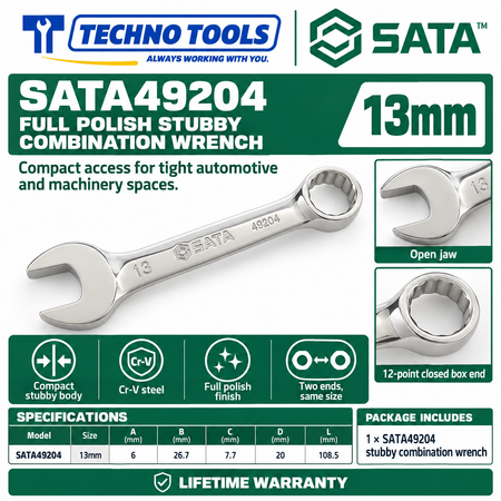 Shop SATA 49201-49210 stubby combination wrenches. Premium Cr-V steel, metric sizes 10mm to 19mm, compact profile for tight spaces, and lifetime warranty.