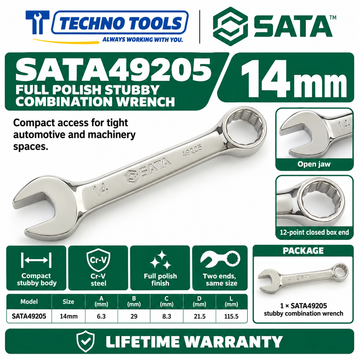 Shop SATA 49201-49210 stubby combination wrenches. Premium Cr-V steel, metric sizes 10mm to 19mm, compact profile for tight spaces, and lifetime warranty.