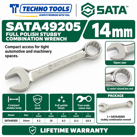 Shop SATA 49201-49210 stubby combination wrenches. Premium Cr-V steel, metric sizes 10mm to 19mm, compact profile for tight spaces, and lifetime warranty.