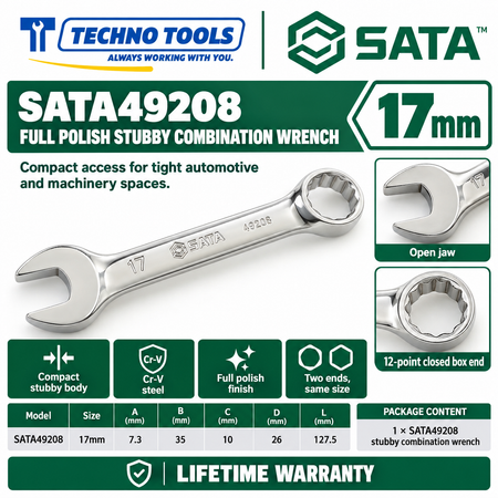 Shop SATA 49201-49210 stubby combination wrenches. Premium Cr-V steel, metric sizes 10mm to 19mm, compact profile for tight spaces, and lifetime warranty.