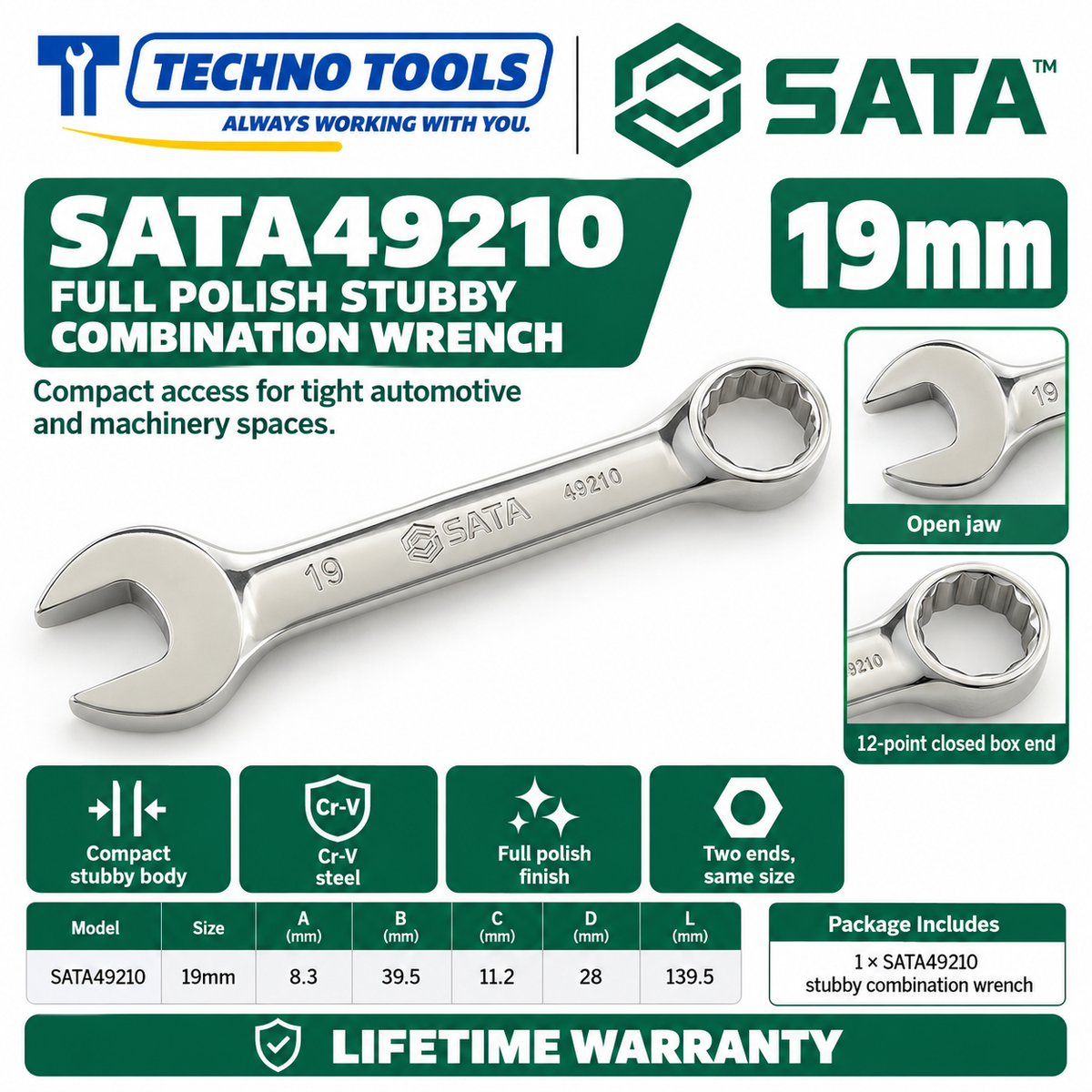 Shop SATA 49201-49210 stubby combination wrenches. Premium Cr-V steel, metric sizes 10mm to 19mm, compact profile for tight spaces, and lifetime warranty.