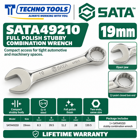 Shop SATA 49201-49210 stubby combination wrenches. Premium Cr-V steel, metric sizes 10mm to 19mm, compact profile for tight spaces, and lifetime warranty.