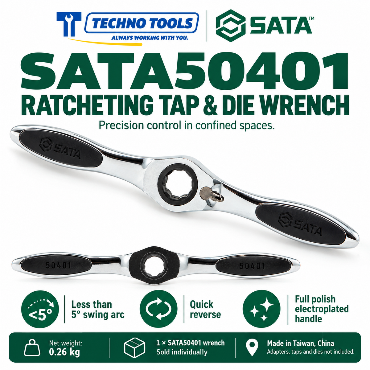 Buy SATA50401 Ratcheting Tap & Die Wrench by Techno Tools. Features <5° arc swing, quick-reverse button, and polished handle. Lifetime warranty.