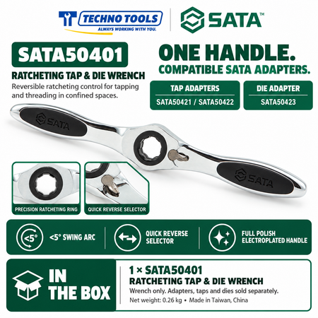 Buy SATA50401 Ratcheting Tap & Die Wrench by Techno Tools. Features <5° arc swing, quick-reverse button, and polished handle. Lifetime warranty.