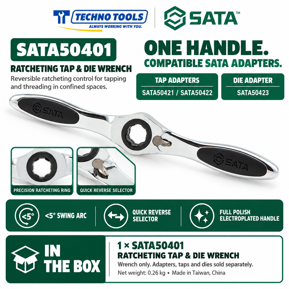 Buy SATA50401 Ratcheting Tap & Die Wrench by Techno Tools. Features <5° arc swing, quick-reverse button, and polished handle. Lifetime warranty.
