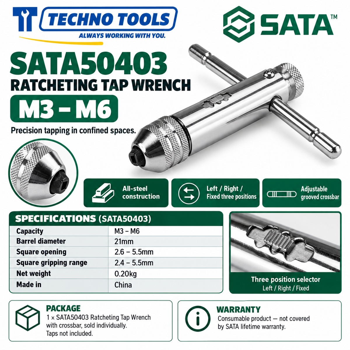 Buy SATA50403 & SATA50404 Ratcheting Tap Wrenches (M3-M12). All-steel construction for high torque tasks. Sold individually by Techno Tools.