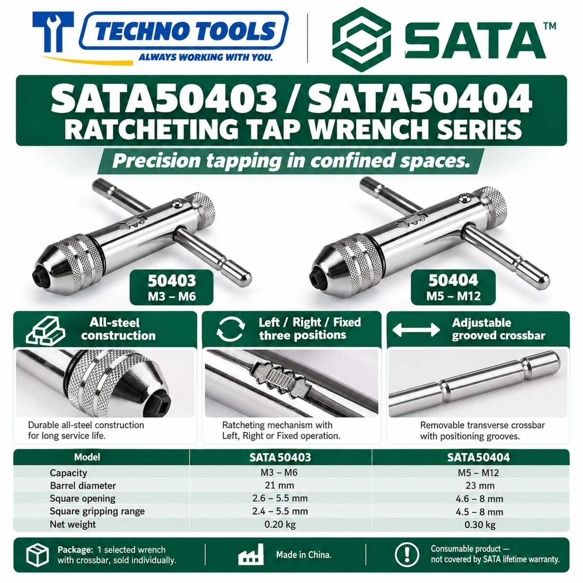 Buy SATA50403 & SATA50404 Ratcheting Tap Wrenches (M3-M12). All-steel construction for high torque tasks. Sold individually by Techno Tools.