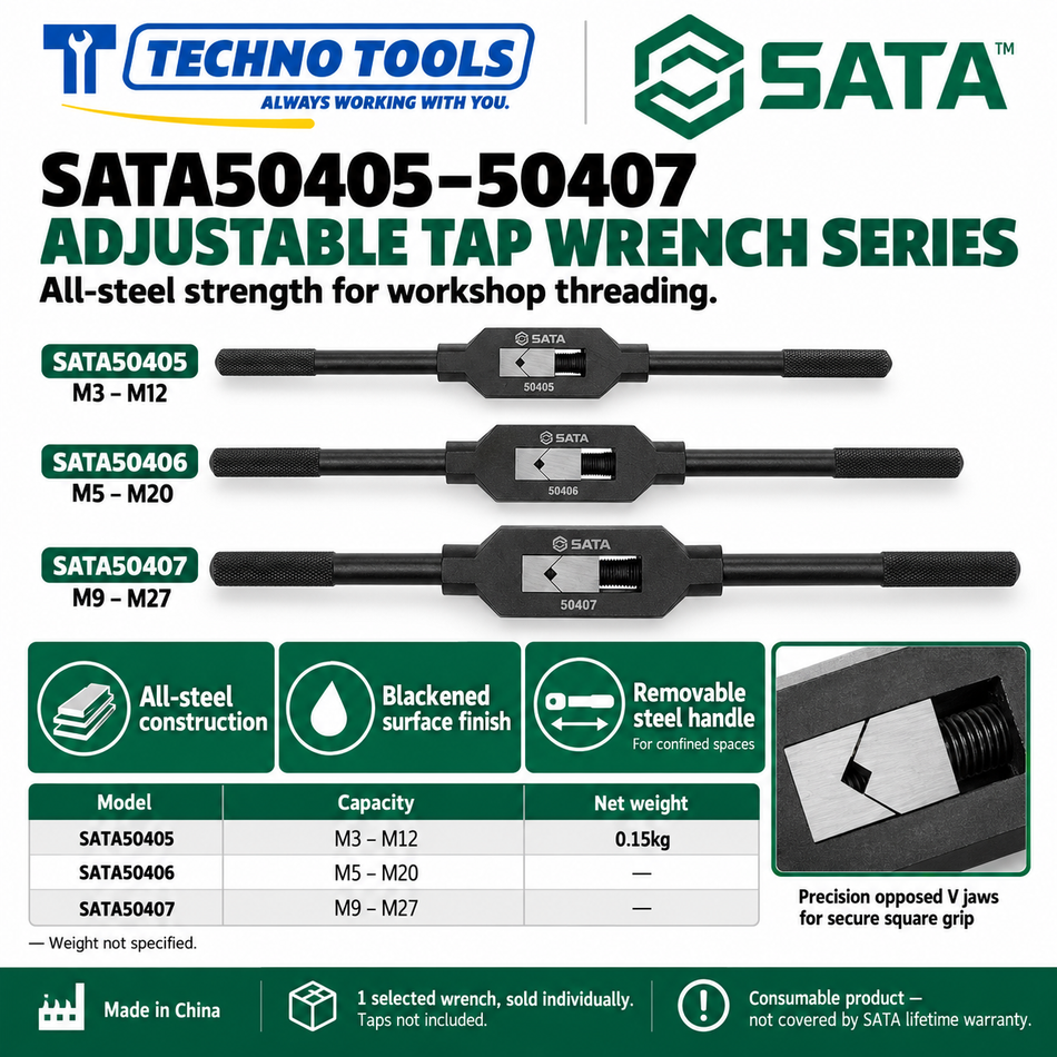 Buy SATA50405-50407 Adjustable Tap Wrenches (M3-M27). All-steel build with removable handle for tight spaces. Sold individually by Techno Tools.