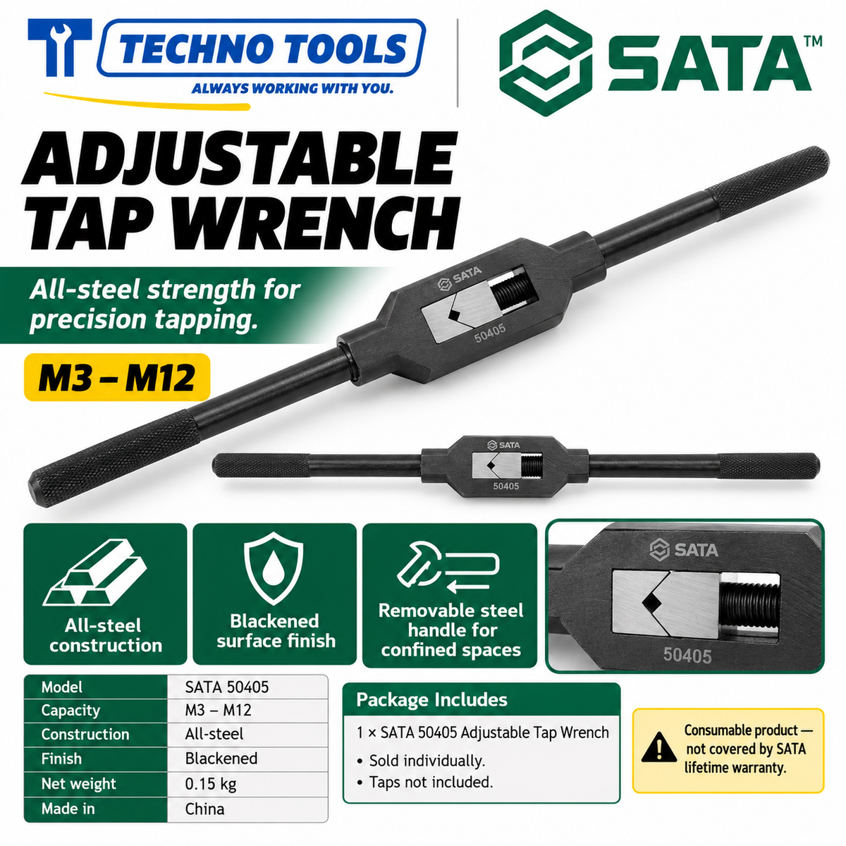 Buy SATA50405-50407 Adjustable Tap Wrenches (M3-M27). All-steel build with removable handle for tight spaces. Sold individually by Techno Tools.